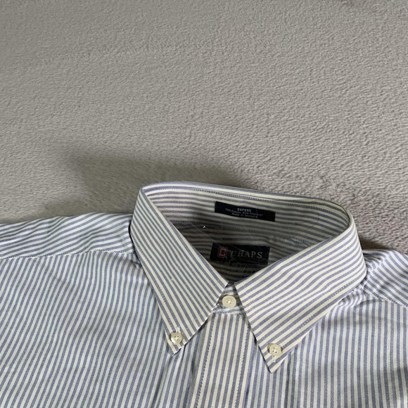 Chaps Dress Shirt Mens 16 32/33 Blue Stripe Wrinkle Free Oxford Long Sleeve FLAW - Picture 6 of 14
